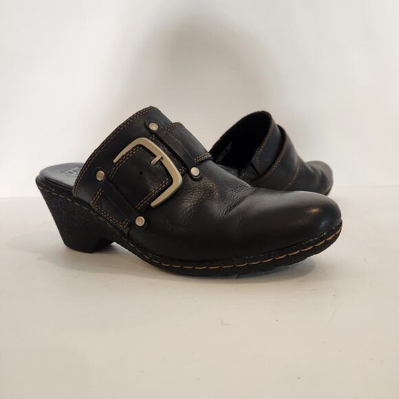 boc BORN CONCEPT Black Brown Leather Heeled Clog Buckle Detail Studded Womens 8 - Picture 1 of 12